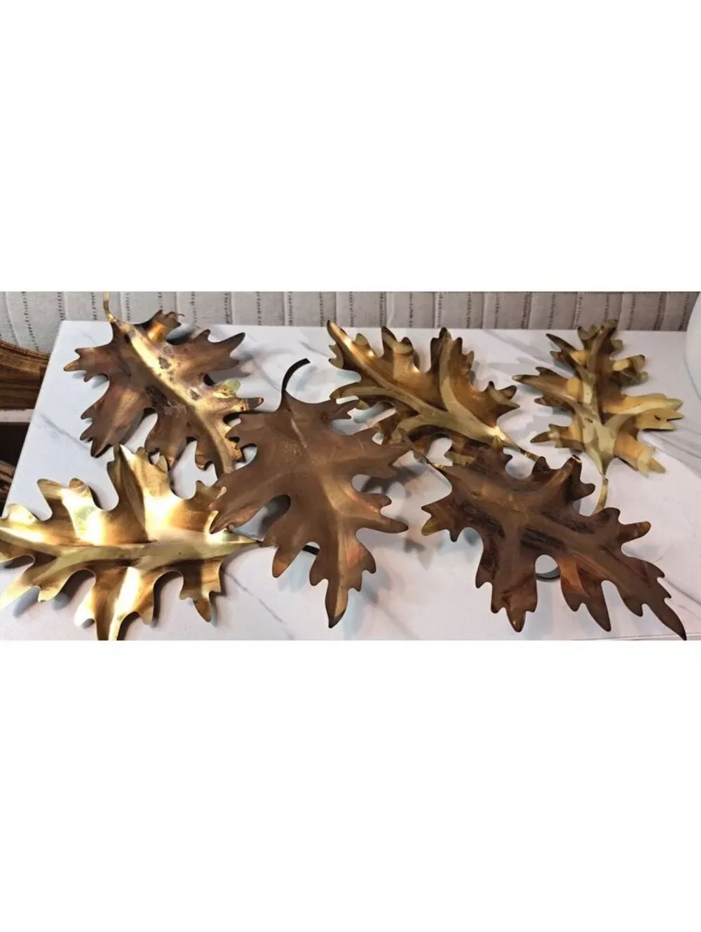 Vintage Set of 6 Brass and Copper-Plated Oak Leaves Wall or Table Decorations